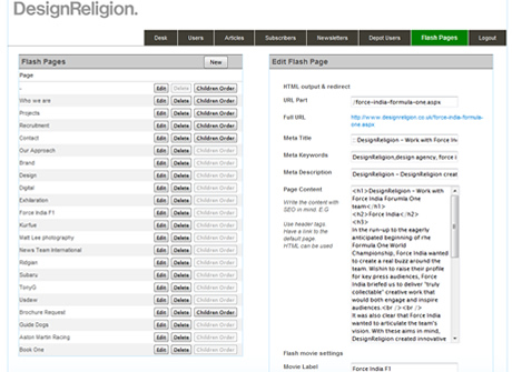 This Section of the CMS controls the content on the main flash website. The same CMS controls other functionailty within the company.