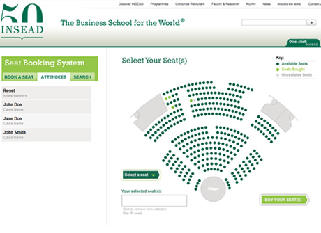 Users could mouse-over purchased seats and see who purchased it. As well as adding their own, or a randomly selected seat, to their basket.