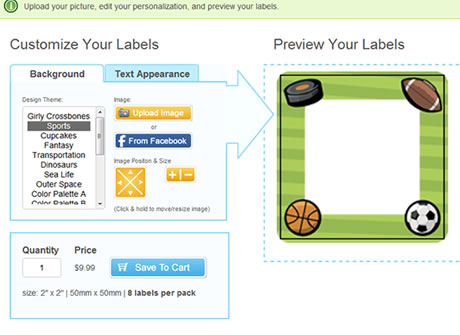 Photo label product page demonstrating Facebook integration where the user can select from their Facebook photos.